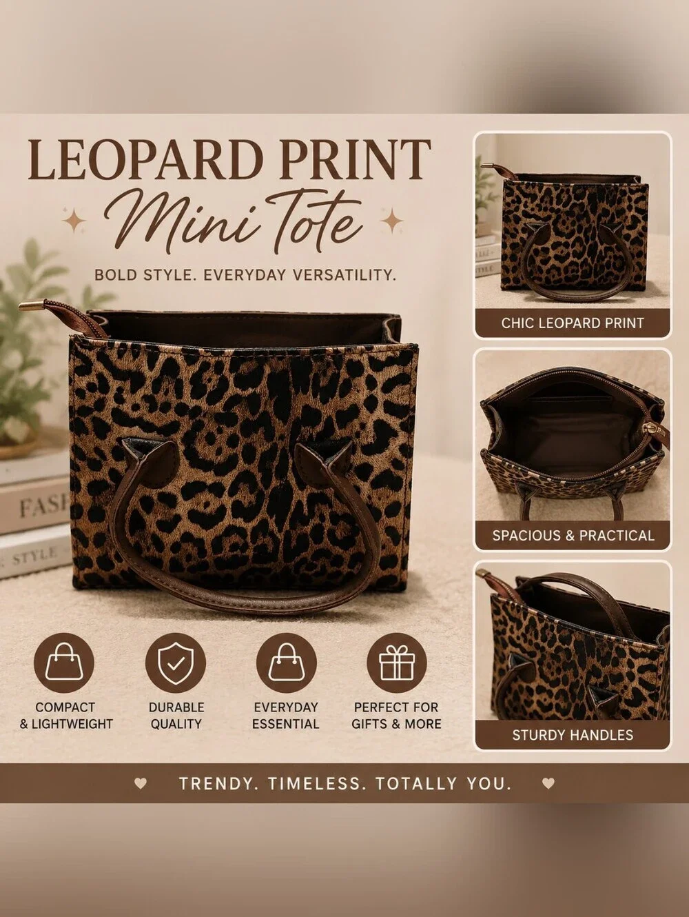 Leopard Print Mini Tote Bag - Chic Brown & Black